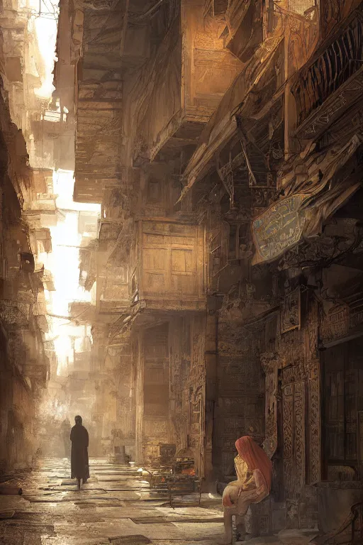 Prompt: the streets of old Cairo at the time of the pharaohs, intricate, elegant, volumetric lighting, digital painting, highly detailed, artstation, sharp focus, illustration, concept art, ruan jia, steve mccurry