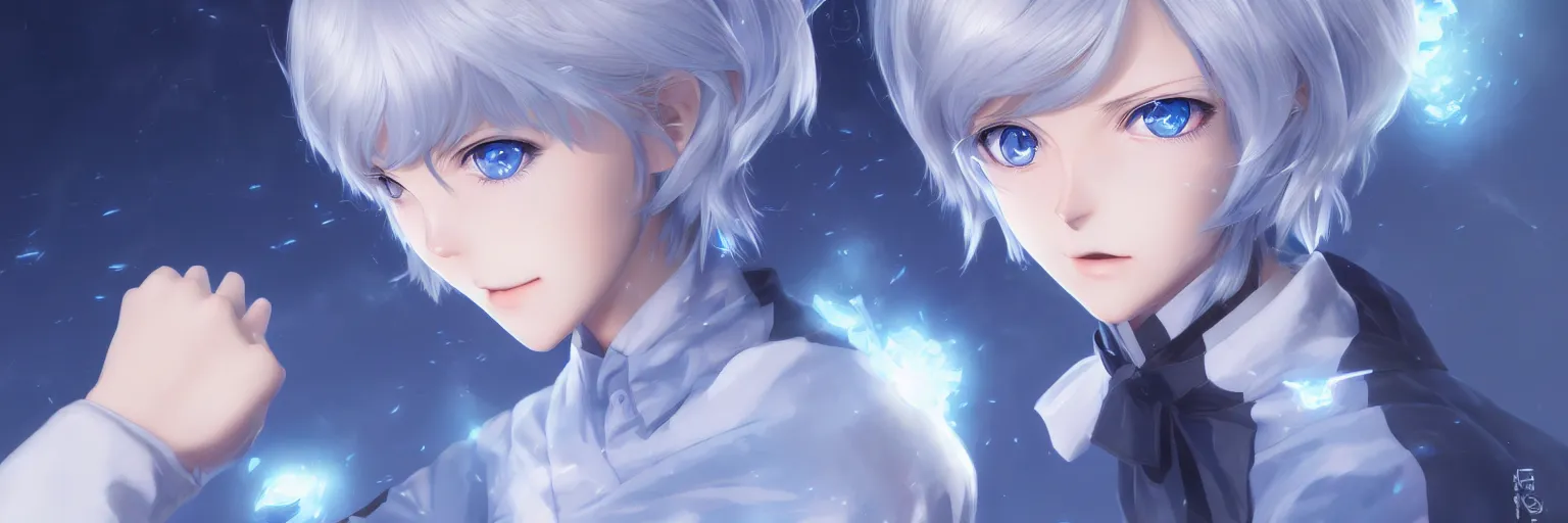 Image similar to high school girl shattering dimensions, azure blue eyes, silver hair, digital anime art, wlop, sakimimichan, ilya kuvshinov, artgerm