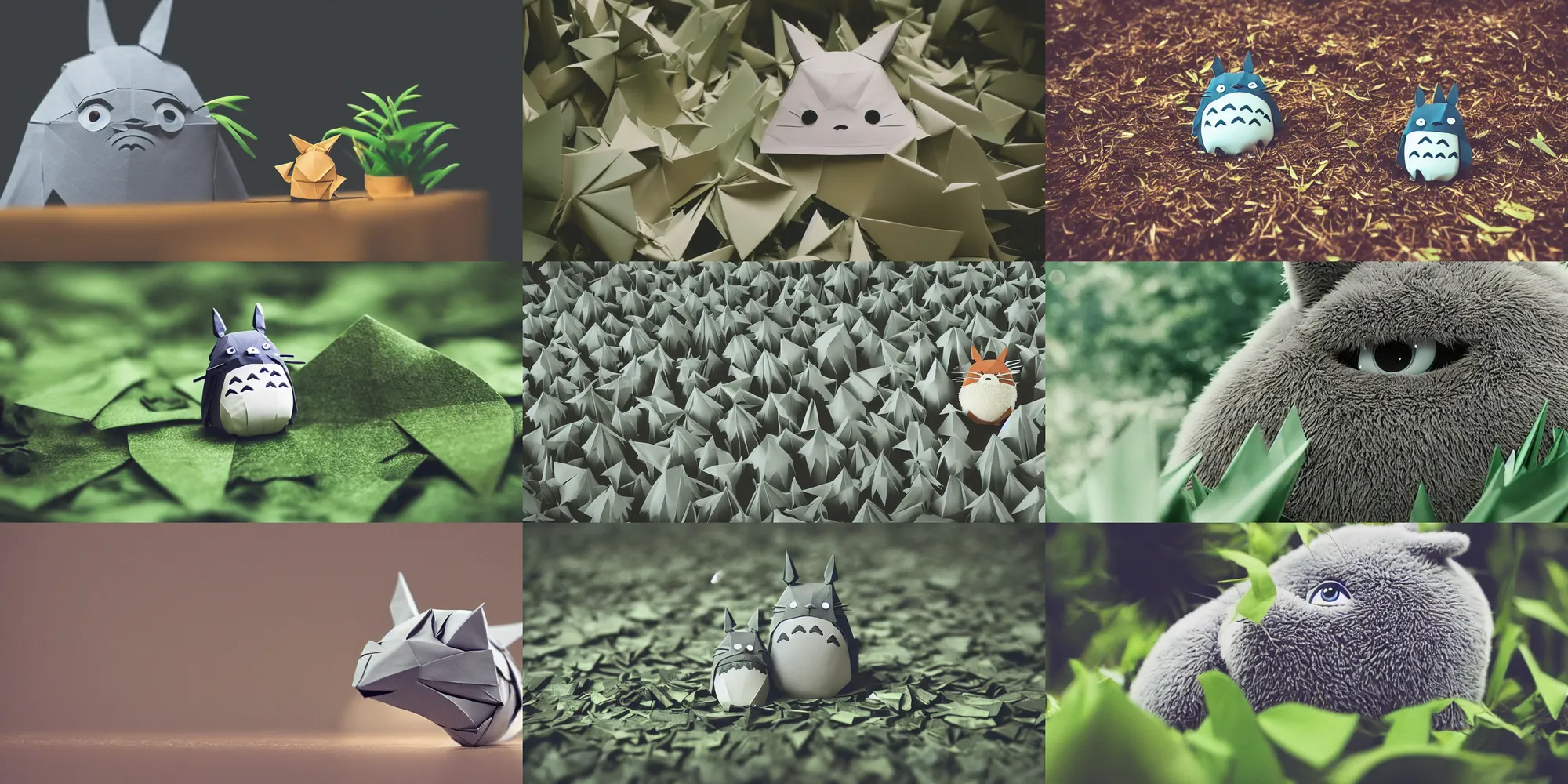 Prompt: totoro in film still with a full still life film still commercial extreme closeup photo of real - life intricate origami plant, perfect eyes, tilt shift zaha hadid real - life origami forests background, fox ear insta filter, cinestill, 8 k