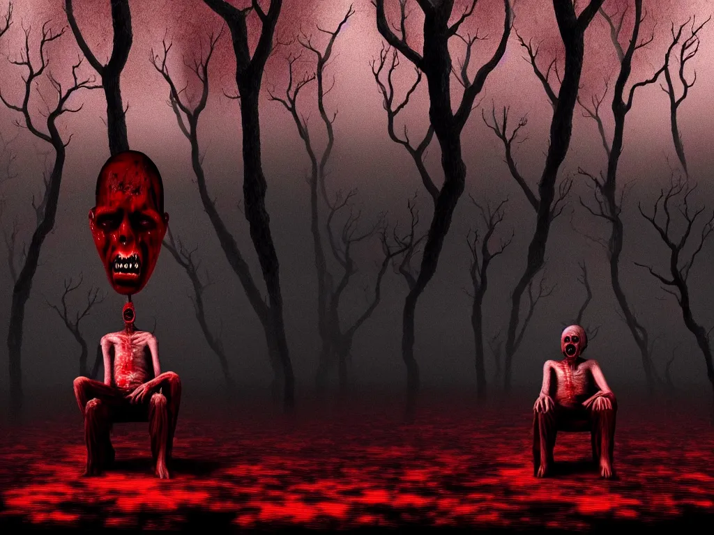 Prompt: a dream of a man with five heads, twelve arms, sitting on chair made of human limbs, the chair is floating in a lake of blood, around the lake are melting trees, the man's limbs are merging with the trees, found on artstation, hyperrealistic nightmare scene, supernatural, highly detailed, creepy, terrifying