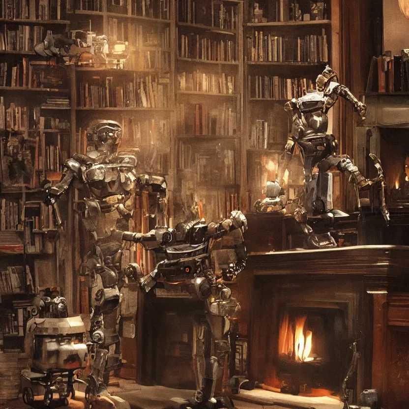 Image similar to “a lonely robot reads a book near a fireplace in a Victorian home., IMAX 70mm footage”