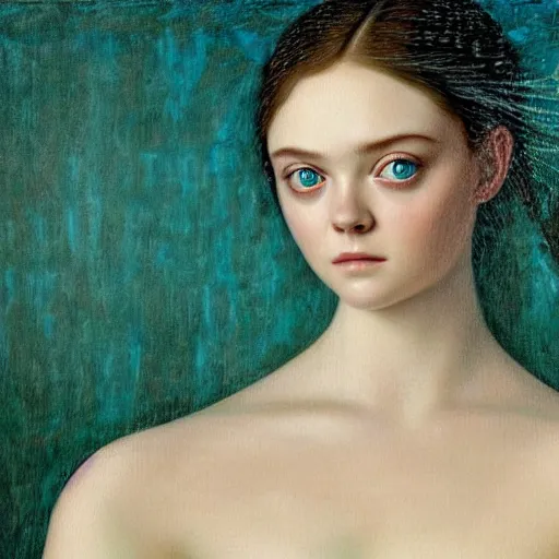 Prompt: professional painting of Elle Fanning behind teal transparent glass in the style of Dino Valls, head and shoulders portrait, symmetrical facial features, smooth, sharp focus, illustration, intricate, stormy weather, extremely detailed masterpiece,