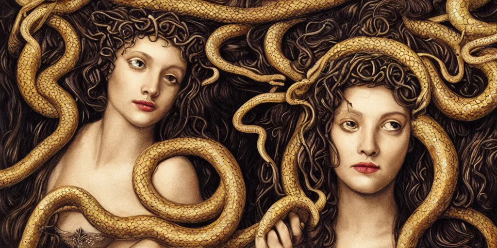 Prompt: realistic portrait of beautiful medusa with her snakes, golden, delicate, hyper realism, 1 4 5 0, ink, ultra realistic, 8 k