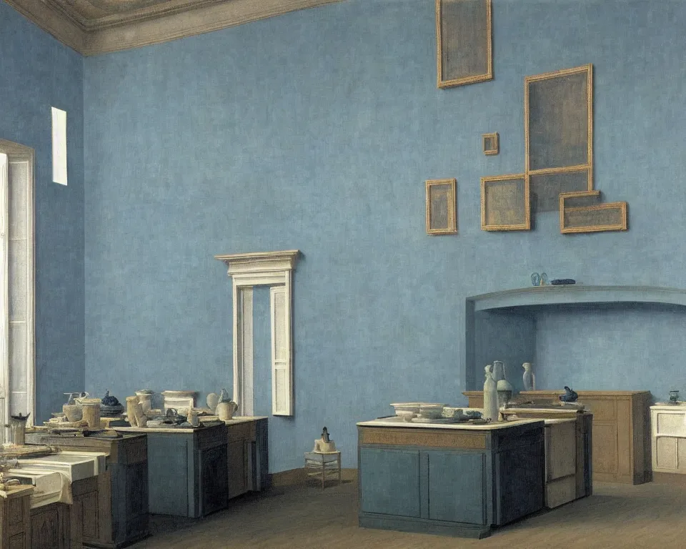 Image similar to achingly beautiful painting of a sophisticated kitchen on baby blue background by rene magritte, monet, and turner. giovanni battista piranesi.