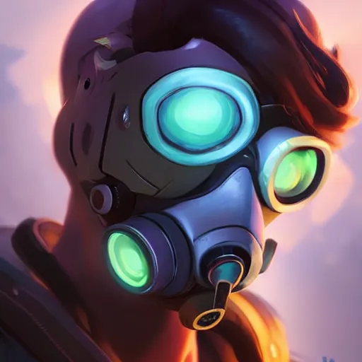 Image similar to overwatch tracer wearing a cyber gas mask, digital art, pretty face, very beautiful face, very detailed eyes, ultra detailed, by woop, greg rutkowski,