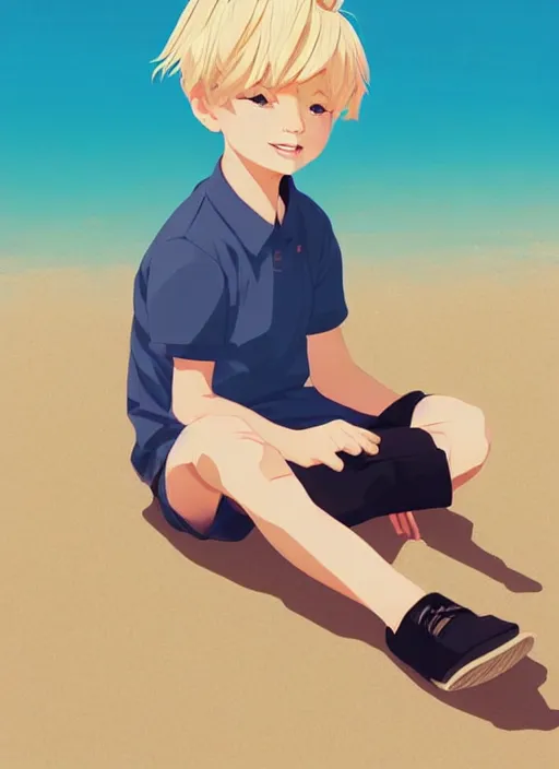 Image similar to a little boy with tousled blonde hair sitting on the beach. clean cel shaded vector art. shutterstock. behance hd by lois van baarle, artgerm, helen huang, by makoto shinkai and ilya kuvshinov, rossdraws, illustration, art by ilya kuvshinov