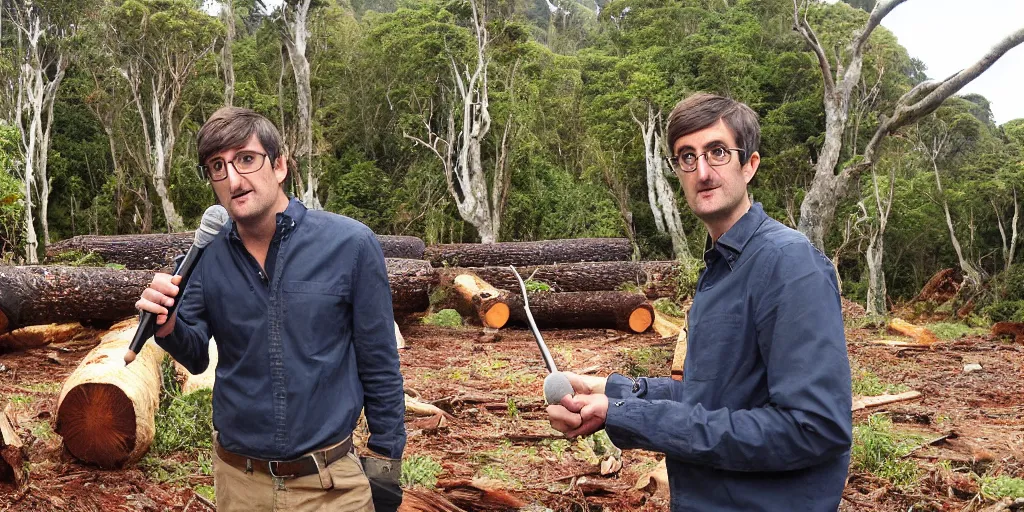 Prompt: bbc tv presenter louis theroux holding a microphone talking to men cutting down ancient kauri trees at great barrier island, new zealand. enormous giant logs in background 1 9 5 0's photograph