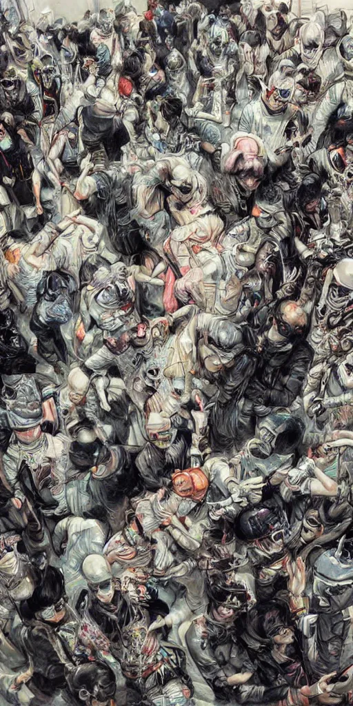 Image similar to oil painting scene from techno rave by kim jung gi