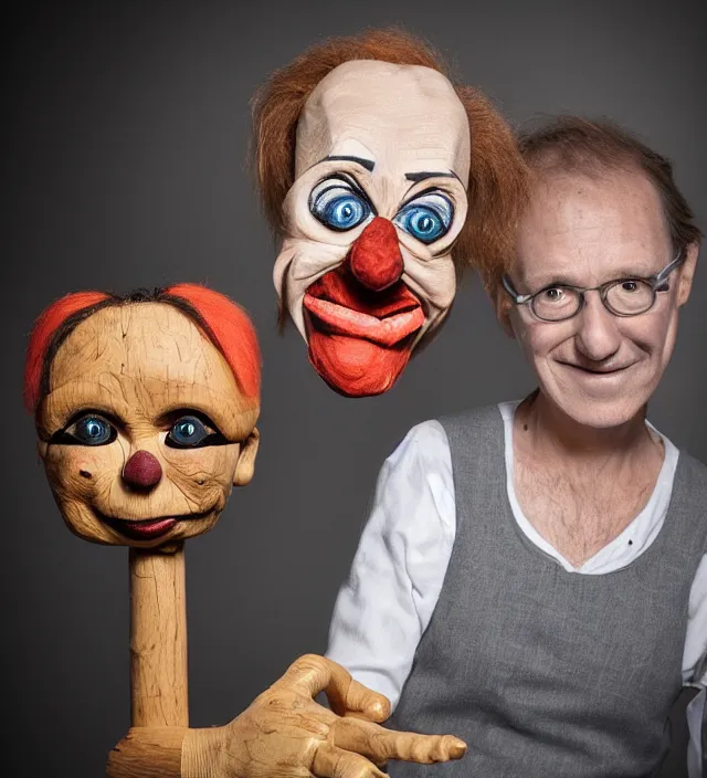 Image similar to hyper realistic photography of horror ventriloquist with wooden puppet