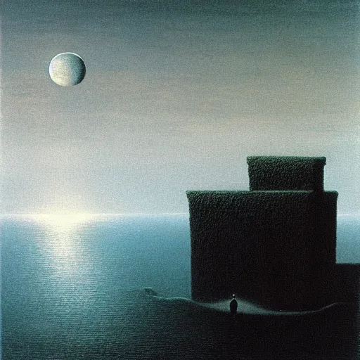 Image similar to moon fall over the ocean by zdzislaw beksinski, oil on canvas