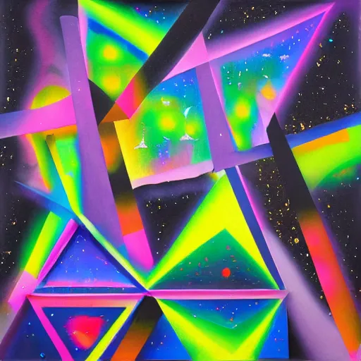 Prompt: painting of Neon geometric cubism city street 🌌 in metallic light trail light saber galaxies by Okuda San Miguel and kandinsky on a starry black canvas, galaxy gas brushstrokes, metallic flecked paint, metallic flecks, glittering metal paint, metallic paint, glossy flecks of iridescence, glow in the dark, Uv, blacklight, Uv blacklight, colorful, 8k, 4k, brush strokes, painting, highly detailed, iridescent texture, brushed metal
