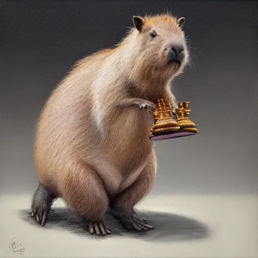 Image similar to detailed photorealistic painting of a capybara holding a chess piece, sharp focus in the style of ruan jia, Mandy jurgens, cinematic light, concept art, trending on artstation, ultra realistic