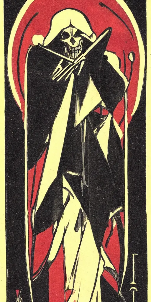 Image similar to an art deco illustration of the grim reaper on a tarot card with an elegant border