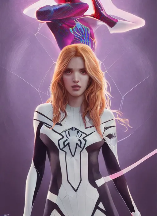 Image similar to ultra realistic illustration, bella thorne as spidergwen, intricate, elegant, highly detailed, digital painting, artstation, concept art, smooth, sharp focus, illustration, art by artgerm and greg rutkowski and alphonse mucha and wlop