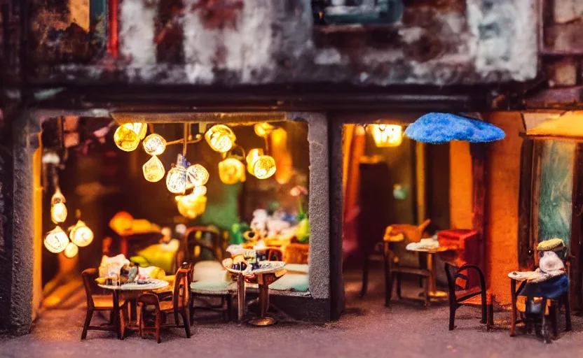 Image similar to miniature cafe diorama, macro photography, cafe with felted cookie monsters on a date, alleyway, ambient, atmospheric, british, cozy, bokeh, romantic, colorful lanterns