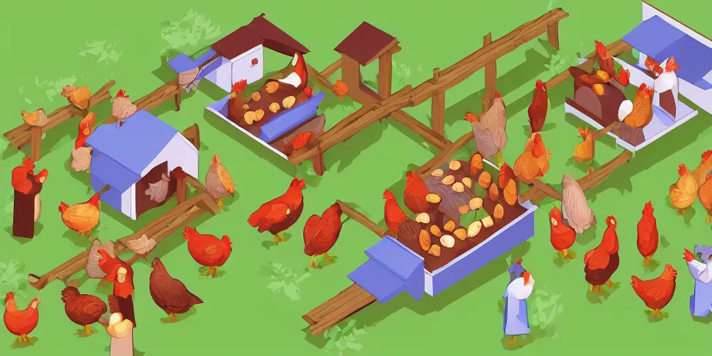 Prompt: Jesus is feeding the chickens, isometric illustration