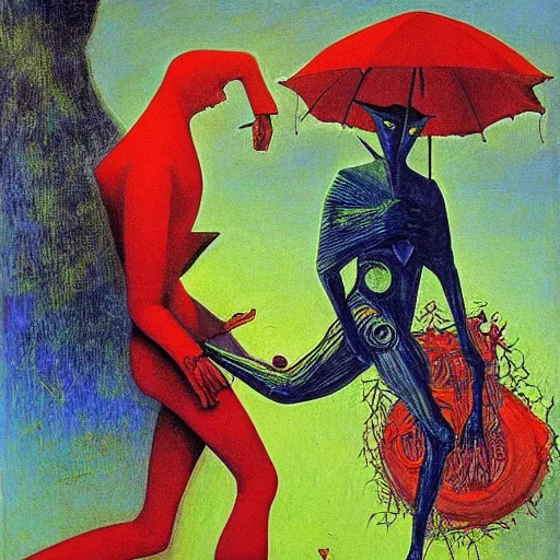 Image similar to spring-heeled jack. painting by max ernst and by victor nizovtsev.