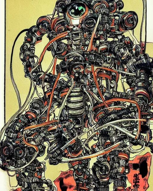 Image similar to Kuniyoshi portrait of a robot saint made of cables and robotic pod by Marc Silvestri