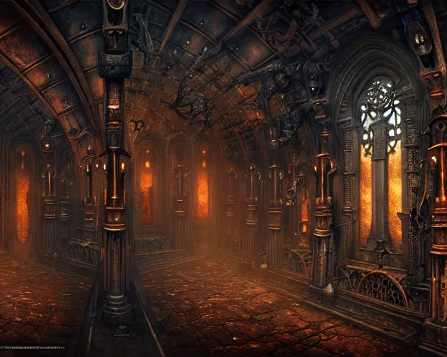 Image similar to steam necropolis, memento mori, gothic, neo - gothic, art nouveau, hyperdetailed copper patina medieval icon, stefan morrell, philippe druillet, ralph mcquarrie, concept art, steampunk, unreal engine, detailed intricate environment, octane render, moody atmospherics, volumetric lighting, ultrasharp, ominous, otherworldly