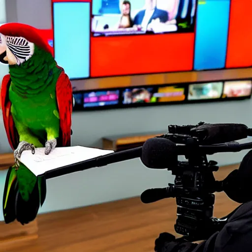 Image similar to a parrot giving a news cast on tv