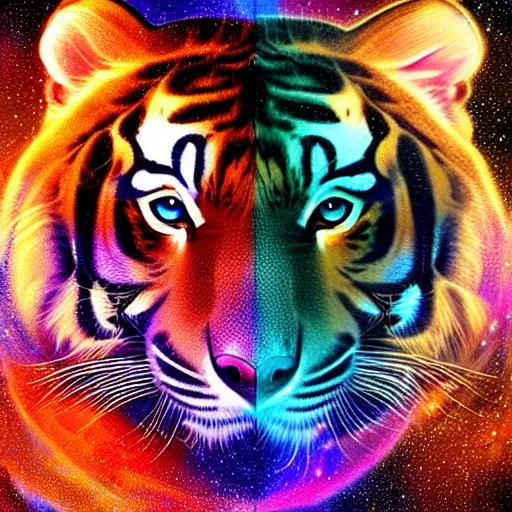 Image similar to geometric symmetrical tiger with galaxy eyes in space, nebula in the background, intricate, elegant, highly detailed, digital painting, artstation, concept art, smooth, sharp focus, illustration, art by artgerm