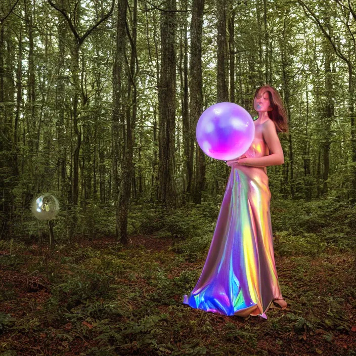 Image similar to a closeup portrait of a woman wrapped in plastic, standing next to a levitating iridescent orb, in a forest, color photograph, by vincent desiderio, canon eos c 3 0 0, ƒ 1. 8, 3 5 mm, 8 k, medium - format print