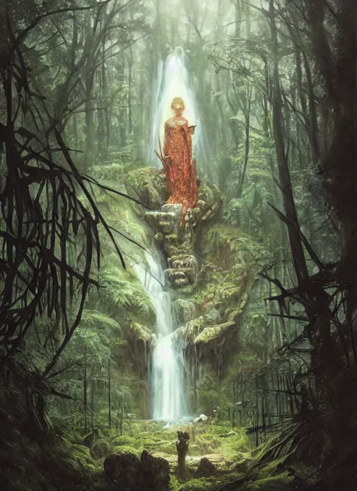 Image similar to a hyper realistic architectural witch shrine under a waterfall in the woods, gorgeous lighting, lush forest foliage, painting by chiara bautista and tom bagshaw, muca beksinski and norman rockwell and greg rutkowski weta studio, and lucasfilm