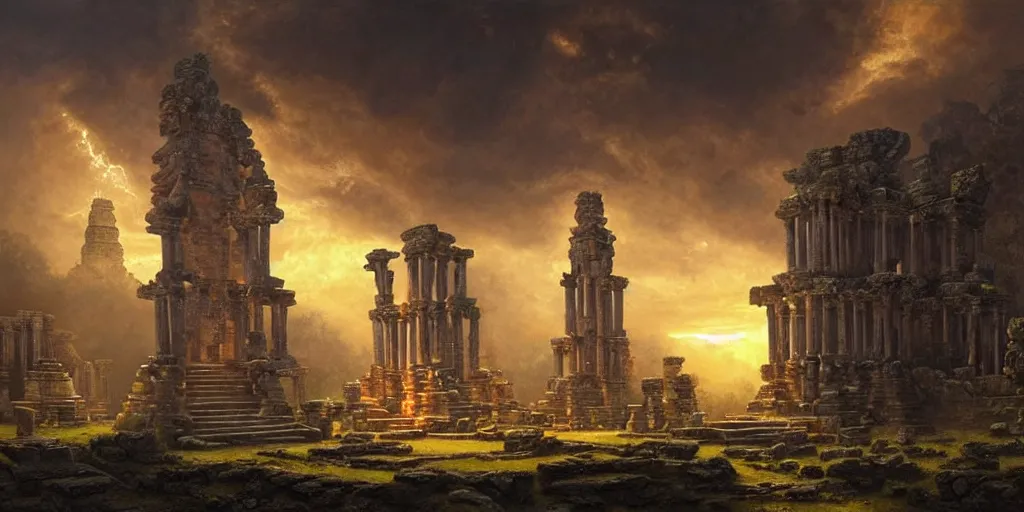 Image similar to beautiful hyperrealistic spectacular painting of the mysterious intricate ruins of the mysterious ancient temple, an advanced technology timemachine with a green - glowing - crystal from the future is inside the temple, by hubert robert and lee madwick and bastien lecouffe - deharme, dramatic sunset lighting, advanced technology