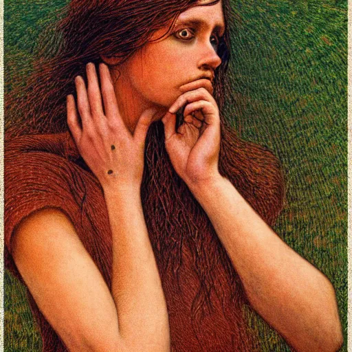 Image similar to a bird with hands, hyperrealism, no blur, 4 k resolution, ultra detailed, style of carlos schwabe