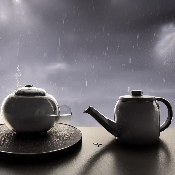 Prompt: torrential thunderstorm in a glass teapot. octane render, trending on artstation, very coherent symmetrical artwork. cinematic, hyper realism, octane render, 8 k, iridescent accents