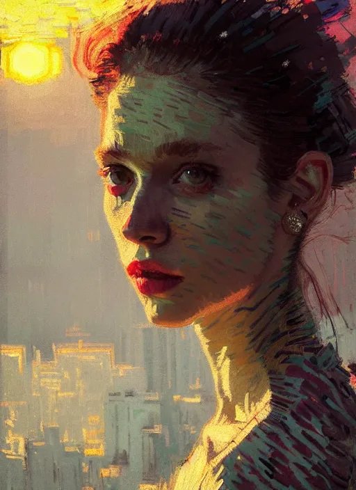 Prompt: portrait of a beautiful girl, new york backdrop, sad, sunset shades, beautiful face, rule of thirds, intricate outfit, spotlight, by greg rutkowski, by jeremy mann, by francoise nielly, by van gogh, digital painting