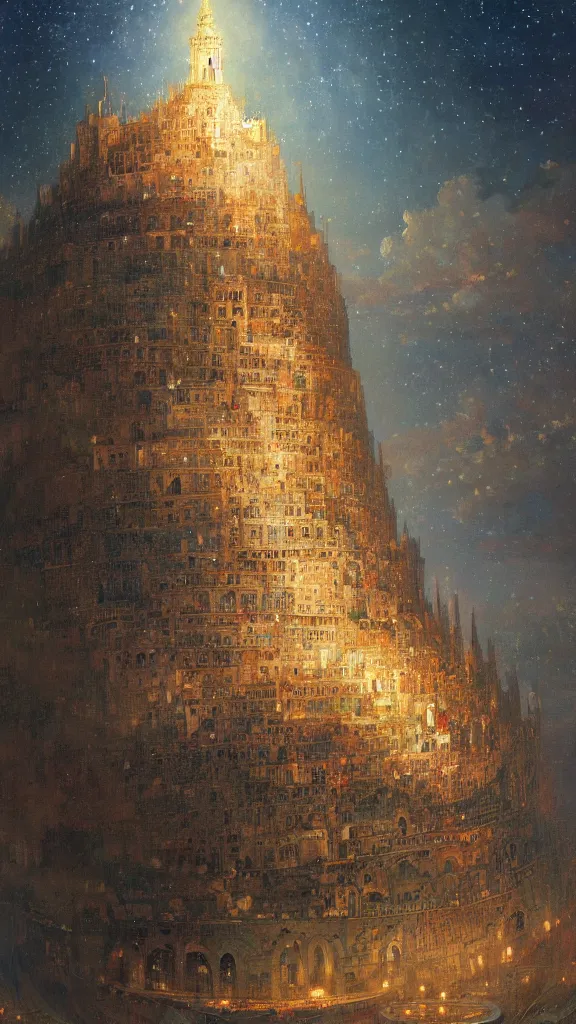 Image similar to a beautiful painting of the tower of babel, at night with a sky full of stars, intricate, elegant, highly detailed, digital painting, artstation, concept art, by krenz cushart and artem demura and alphonse mucha