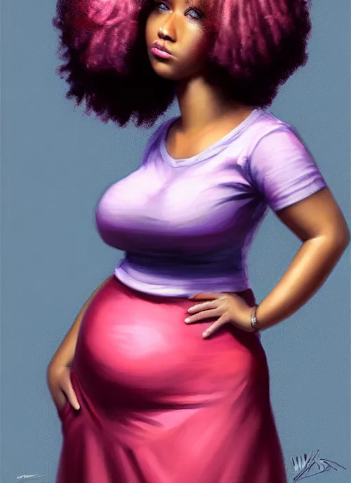 Image similar to full body portrait, teenage vanessa morgan, pink hair, obese, black girl, curly pixie hair, sultry, realistic, short hair, hoop earrings, skirt, shirt, fat, belly, intricate, elegant, highly detailed, digital painting, artstation, concept art, smooth, sharp focus, illustration, art by wlop, mars ravelo and greg rutkowski