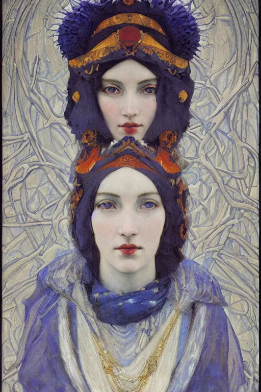 Image similar to queen of snow and ice by Annie Swynnerton and Nicholas Roerich, strong dramatic cinematic lighting , ornate headdress , flowing robes, lost civilizations, smooth, sharp focus, extremely detailed