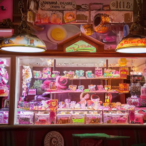 Prompt: Inside an old fashioned sweet shop, fantasy vendor interior, wide angle, cinematic, highly detailed, cinematic lighting , photorealistic, pastel colors