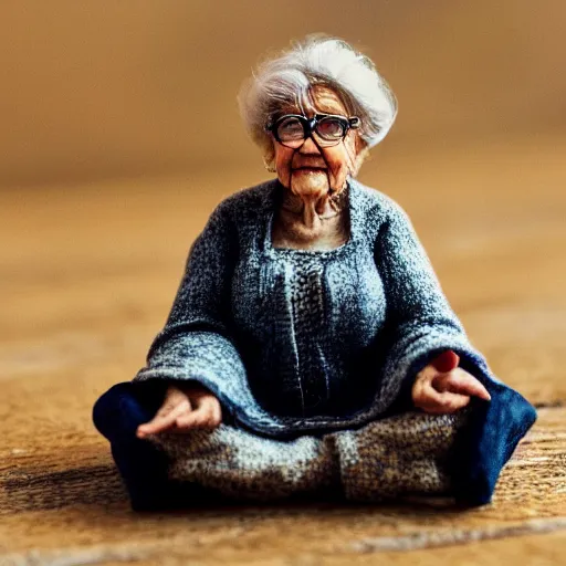 Prompt: miniature realistic very old woman sitting in palm of giant hand, short dof, macro photo, tiltshift, extremely cute, large head, tiny body, hyper realistic, minutely detailed