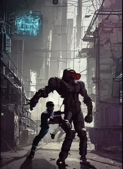 Image similar to Tough Gregory. Buff cyberpunk meathead fighting a small robot. Realistic Proportions. Epic painting by James Gurney and Laurie Greasley. Moody Industrial setting. ArtstationHQ. Creative character design for cyberpunk 2077.