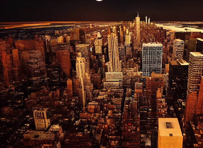 Image similar to film still of the moon shattering into pieces over manhatten in the new disaster movie, 8 k, night time