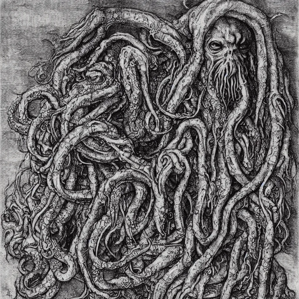 Prompt: portrait of cthulhu, dark atmosphere, faded out colors, highly detailed muted colors, highly detailed illustration by albrecht durer, fine art sketch