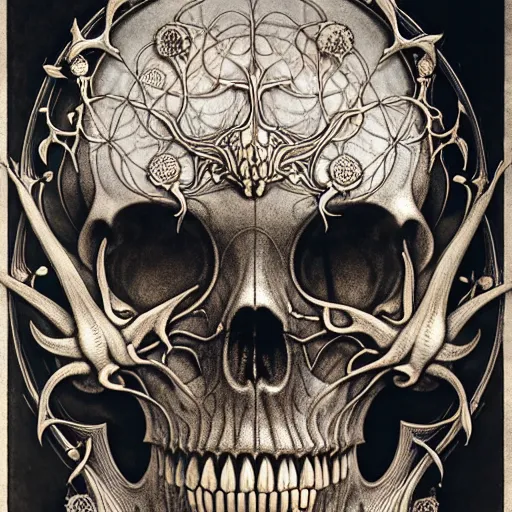 Image similar to art forms of nature by ernst haeckel, memento mori by arthur rackham, ornate antique porcelain beautiful skull mask, ultrasharp, photorealistic, hyperdetailed, octane render, polished, art nouveau, neo - gothic, gothic, intricate ornamental organic filigree, art nouveau botanicals, art forms of nature by ernst haeckel, horizontal symmetry, symbolist, visionary