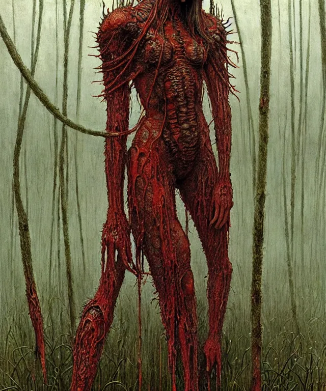 Image similar to a detailed mantiswoman stands among the swamps. wearing a ripped mantle, robe. perfect faces, extremely high details, realistic, fantasy art, solo, masterpiece, art by hermann nitsch, zdzislaw beksinski, dariusz zawadzki, giger, dragan bibin