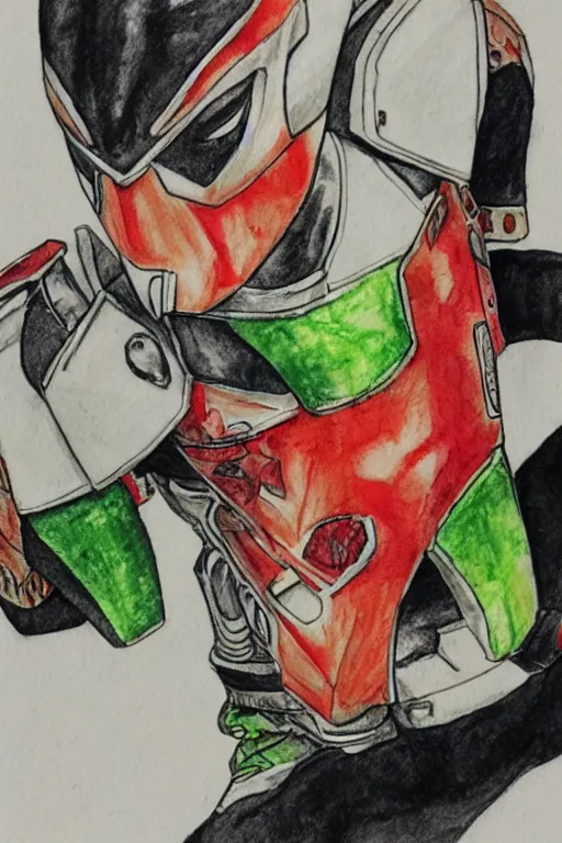 Prompt: Kamen Rider drinking hot sauce, pencil and watercolor