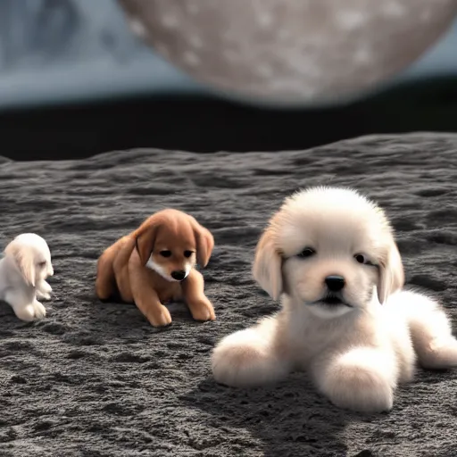 Image similar to cute puppies 4k ultra realistic in park on the moon, earth in background