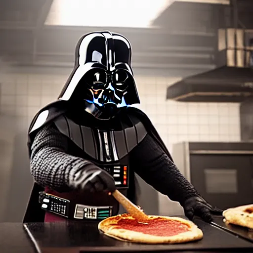 Image similar to A still of a Darth Vader making a pizza in Masterchef, 4k, photograph, ultra realistic, highly detailed, professional lighting