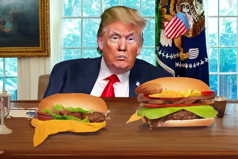 Image similar to Donald Trump visibly sulks, eating a cheeseburger, Inside his Mar-a-Lago home, as the home is raided by many federal agents, raided by feds, panicking, Highly detailed, Cinematic, hyperrealistic, photorealistic, 4k, Realistic, detailed.