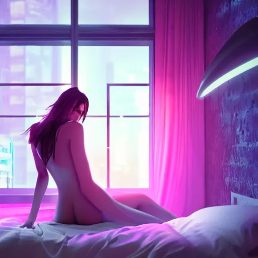 Prompt: « inside a girl room, cyberpunk vibe, neon glowing lights, sharp focus, photorealistic, unreal engine 5, girl on the bed, window that shows the skyscrapers in the background »