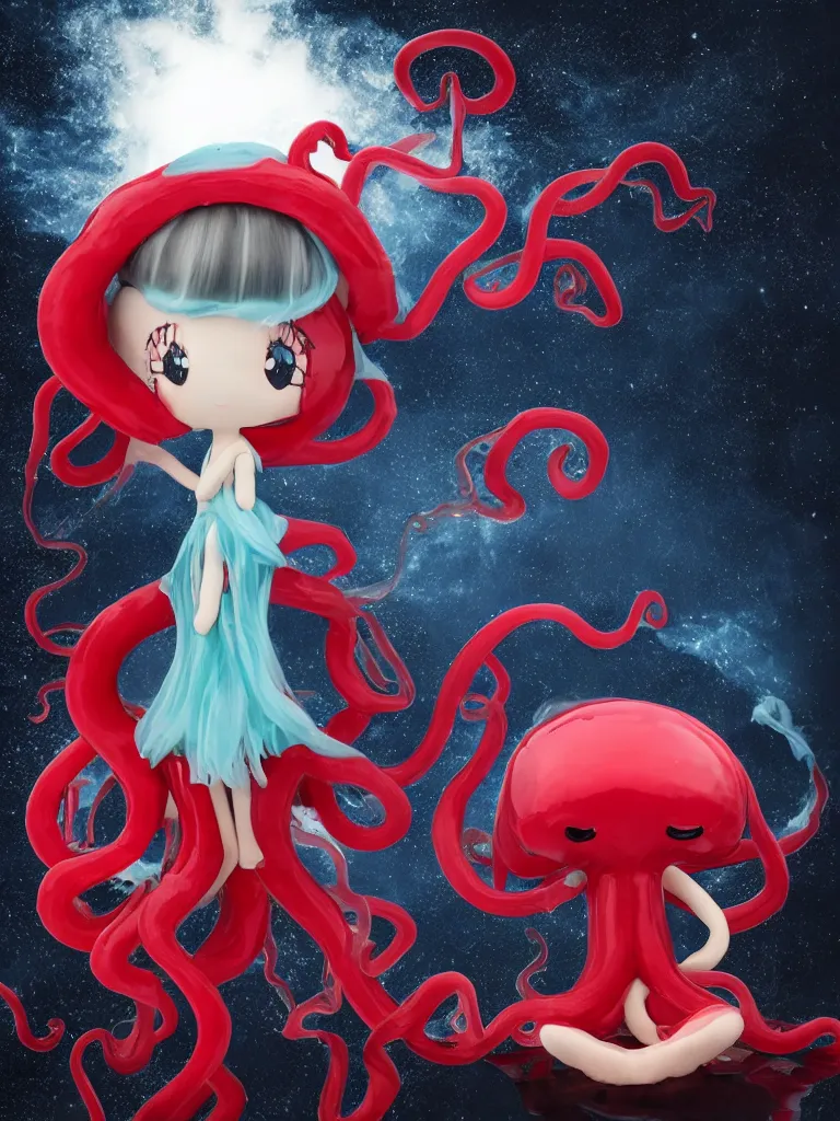 Image similar to cute fumo plush chibi gothic translucent octopus maiden alien girl combing her hair in the waves of the wavering dark galactic abyss, black and red dress with ribbons, ocean wave thunderstorm and reflective splashing water, black and white, ocean simulation, vignette, vray