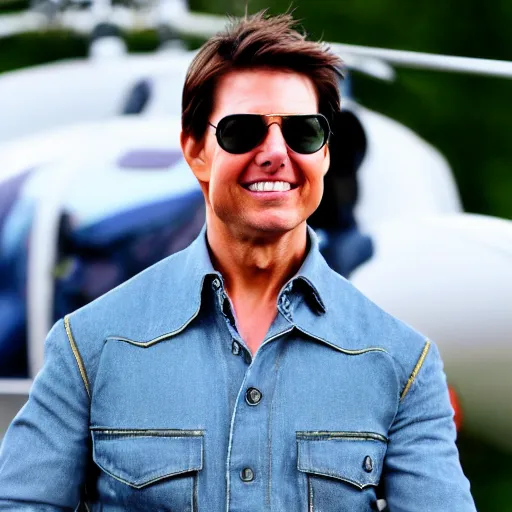 Prompt: Tom Cruise waving to fans. He's wearing bluejeans and a green jacket, Ralph Lauren. A helicopter is in the background. Shallow depth of field