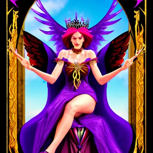 Image similar to Princess sorceress with red flaming bird wings on her back and sitting on an ornate throne dressed in a fancy purple dress, beautiful face, Fantasy, Full Portrait, High detail, realistic, planeswalker