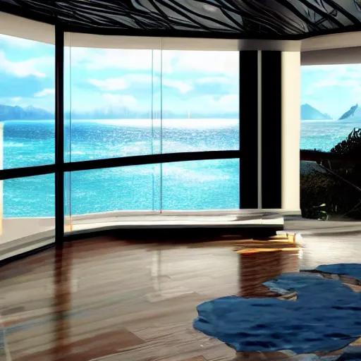 Prompt: video game set inside a beautiful futuristic mansion, mirror's edge, clean, views to the ocean, elegant study